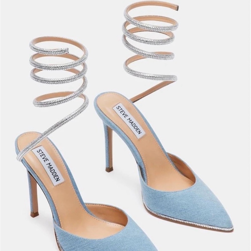 Steve Madden Light Blue Denim Pointed Toe Spiral-Ankle Heels with Silver Straps